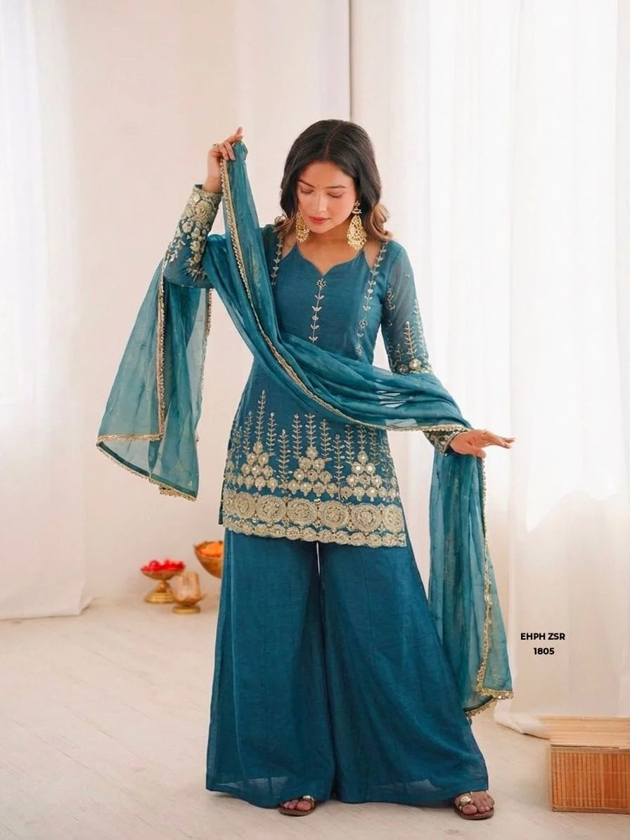 Rama Teal Monochromatic Sharara Set